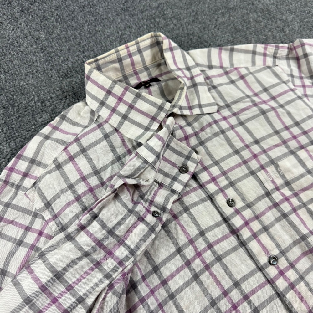 DAKS Button Down Shirt Size 95 Medium White Purple Plaid Long Sleeve Women's